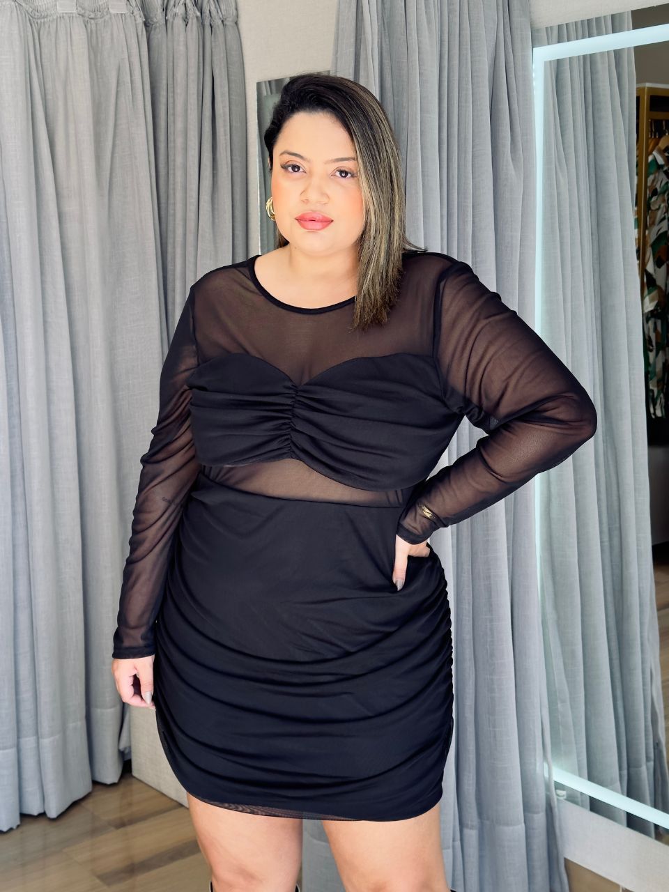 Vestido Plus Size Manga Longa Tule Preto - TS Moda Feminina