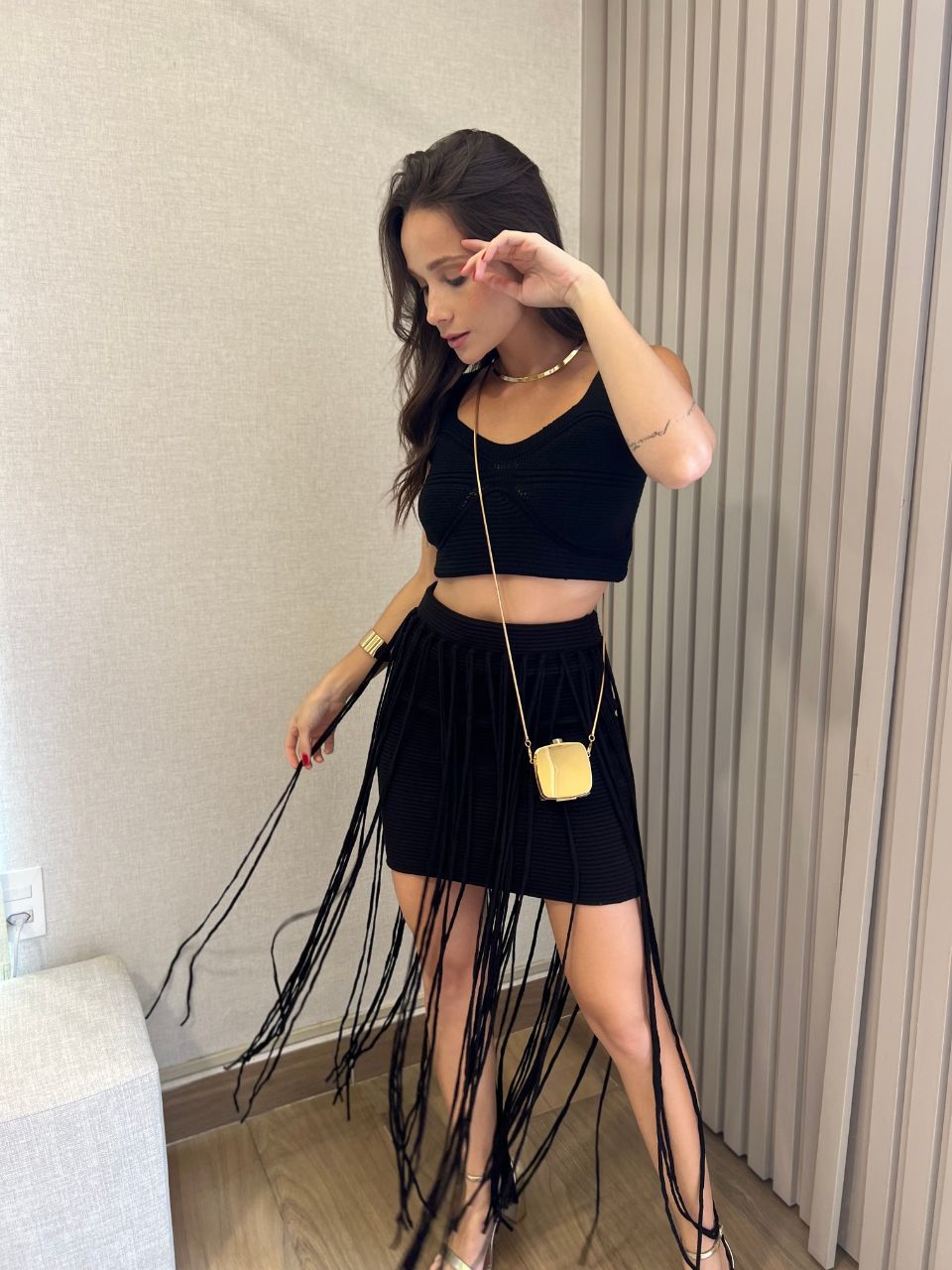 Saia Modal Eloa Franja Preta - TS Moda Feminina