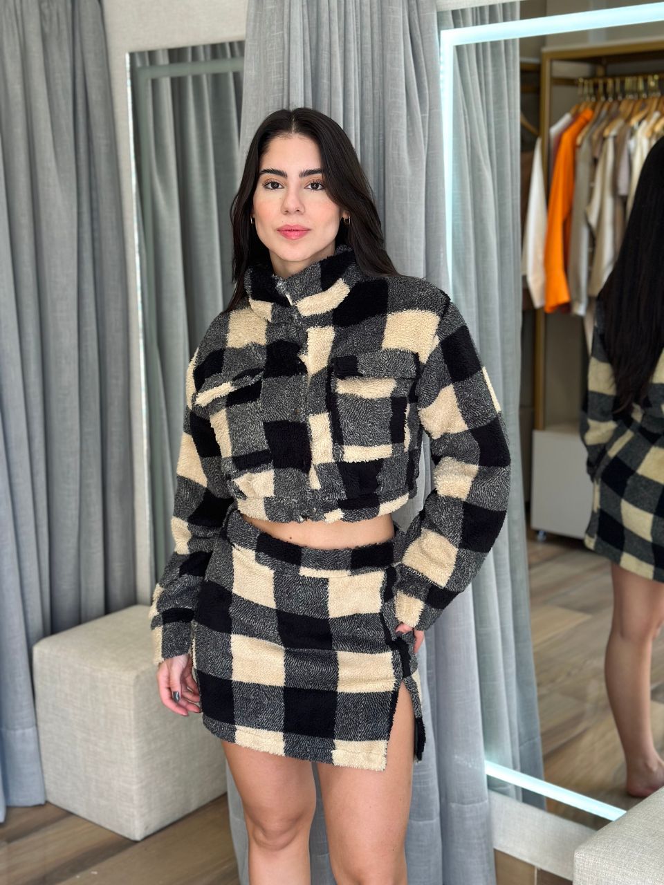 Saia Xadrez de Pelo - TS Moda Feminina