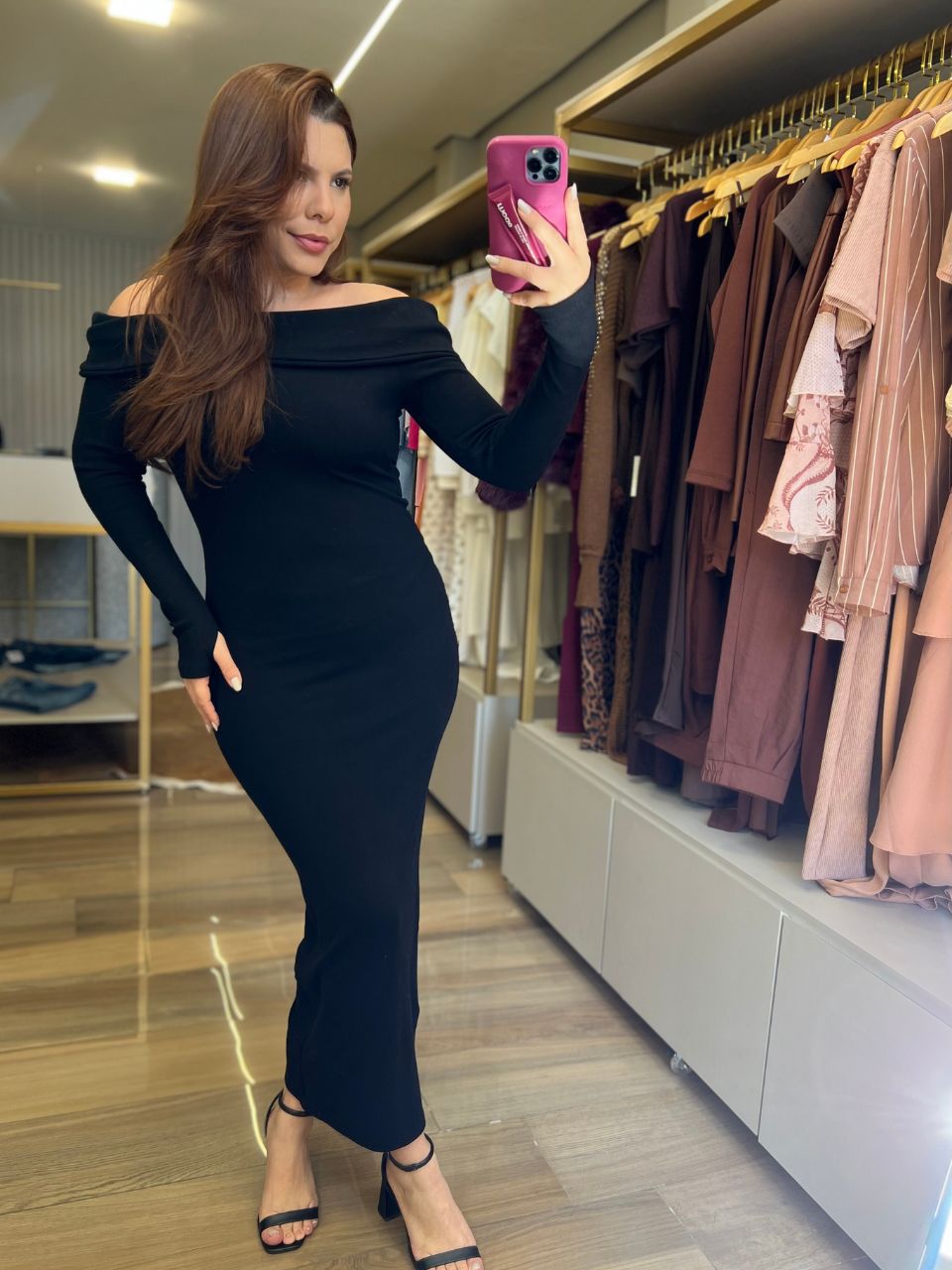 Vestido Ombro a Ombro Canelado Preto - TS Moda Feminina