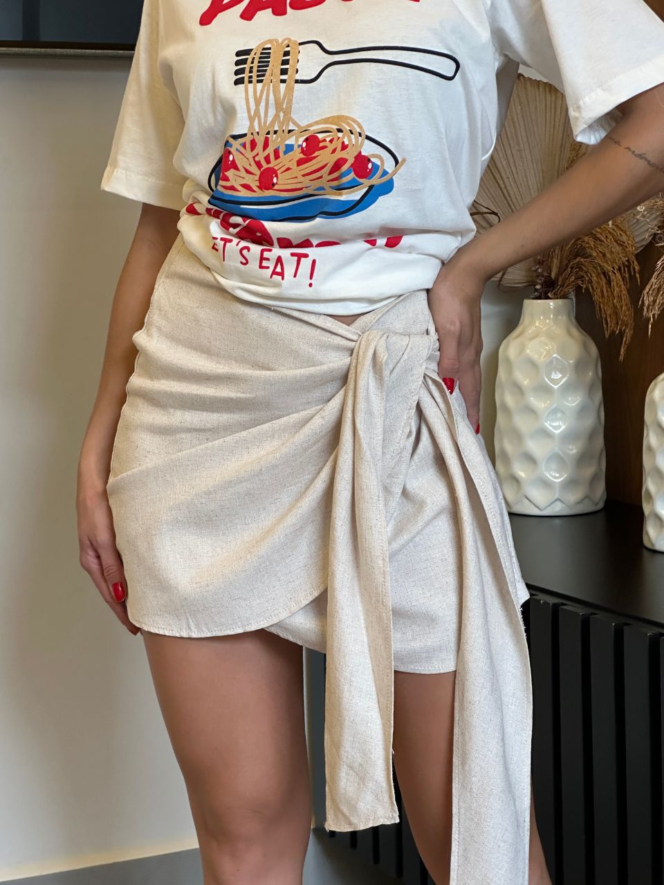 Saia Em Linho Amarração Bege - TS Moda Feminina