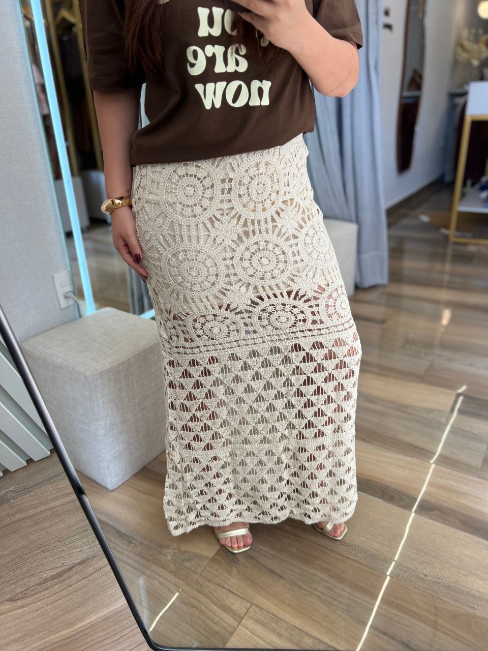 Saia Midi Croche Off White - TS Moda Feminina