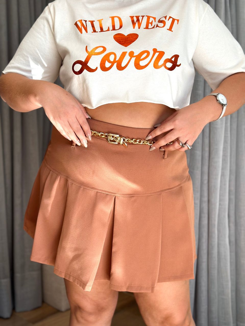 Short Saia Plus Size Plissado Marrom - TS Moda Feminina