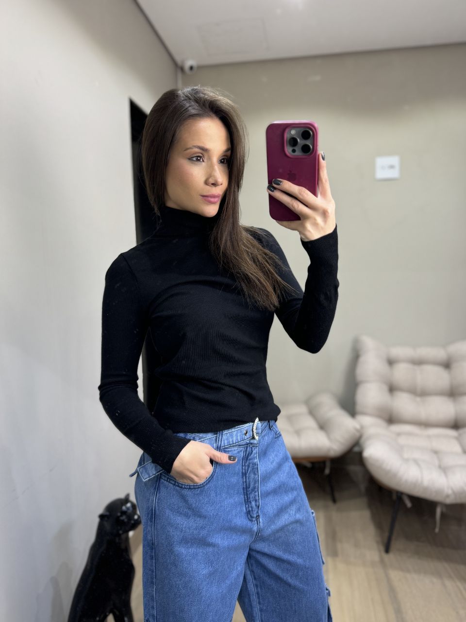 Suéter Tricot Gola Alta Preto - TS Moda Feminina