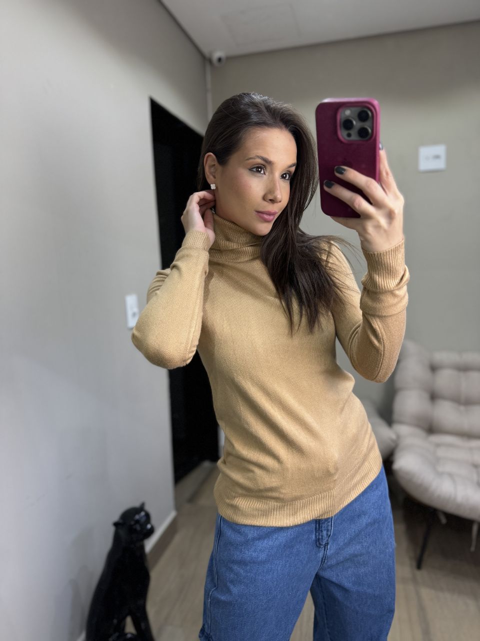 Suéter Tricot Gola Alta Palha - TS Moda Feminina