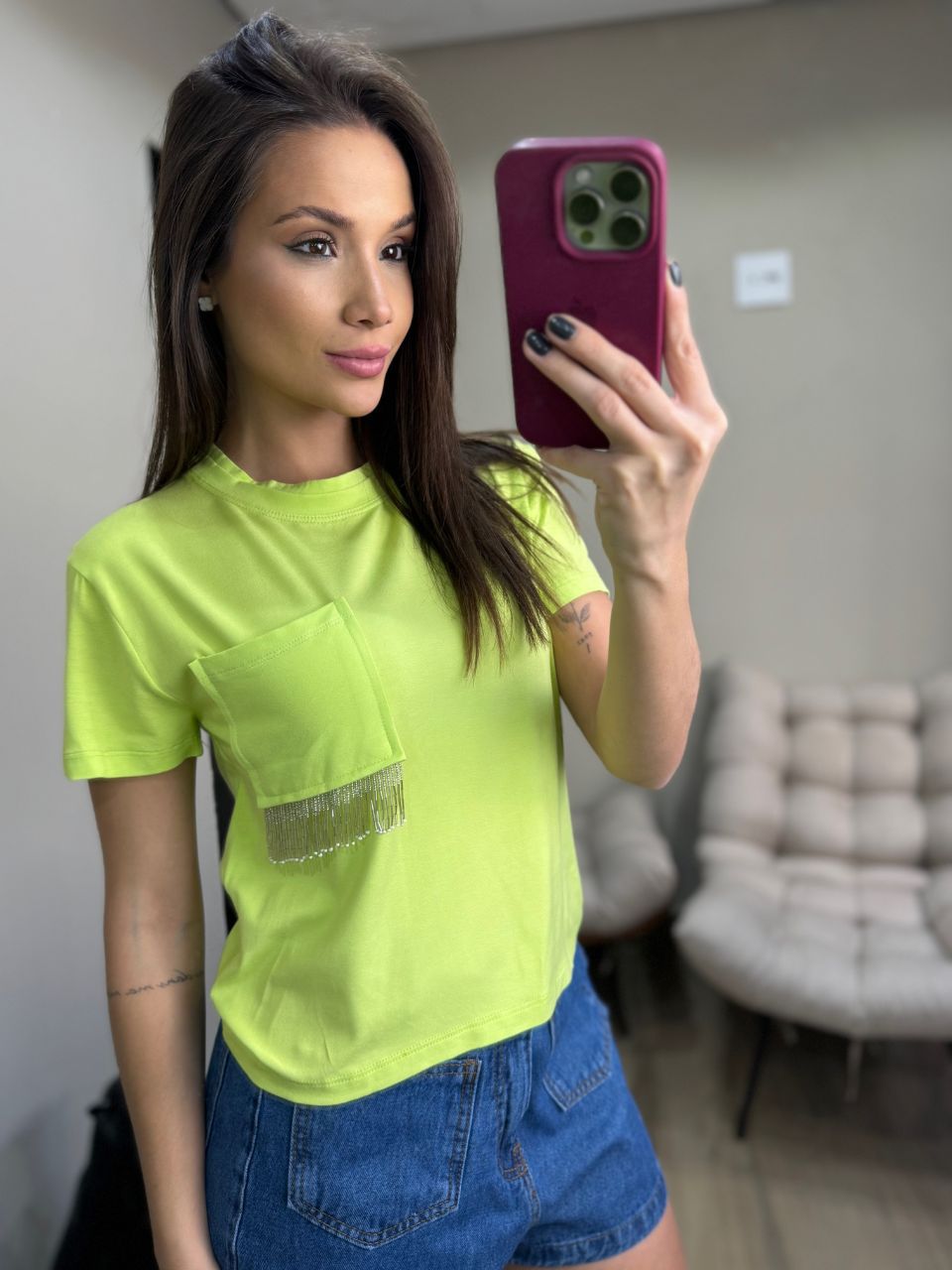 T shirt Com Detalhe Bolso Verde - TS Moda Feminina