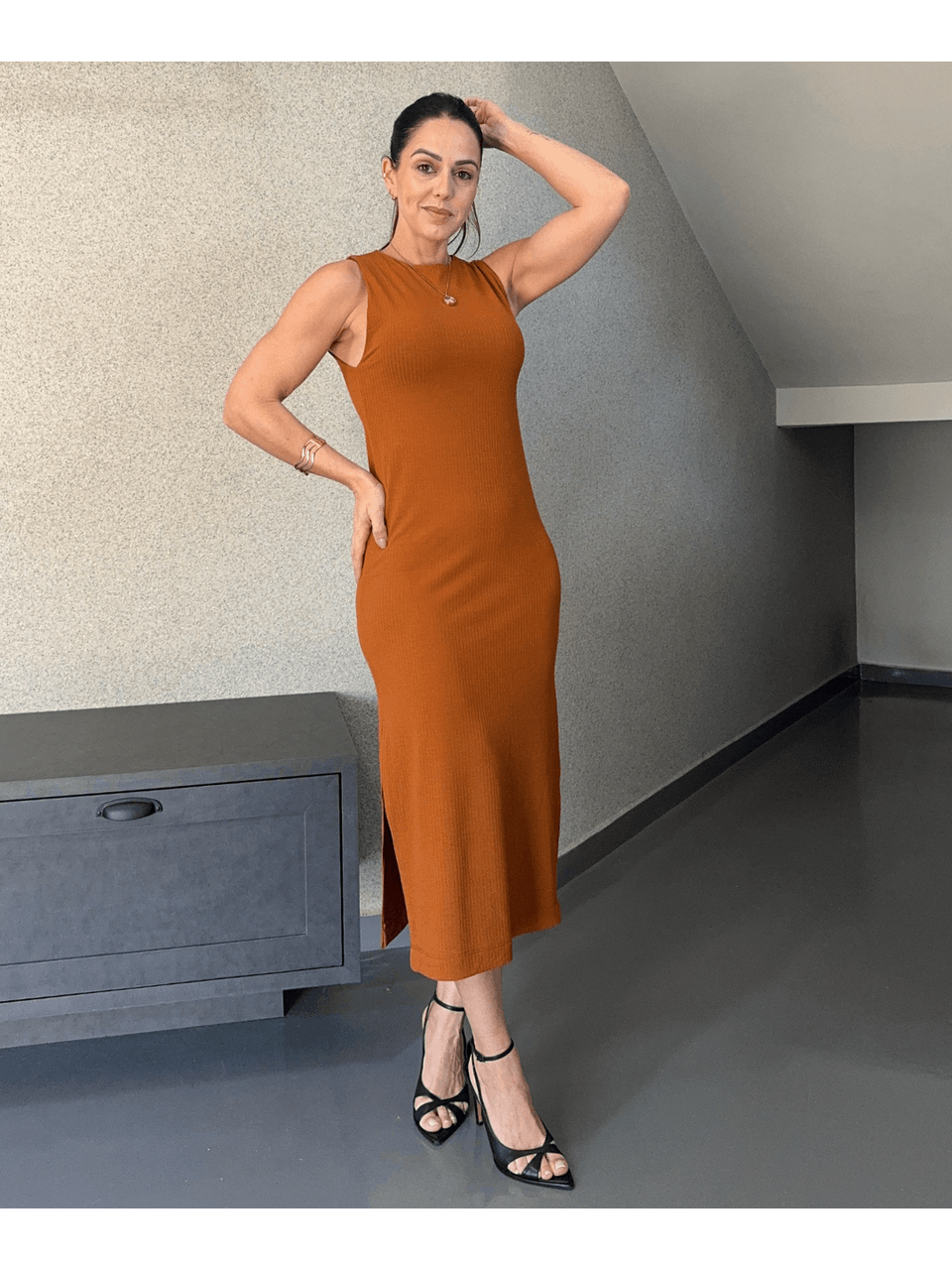 Vestido Midi Tassi Canelado Avelã - Arpaia