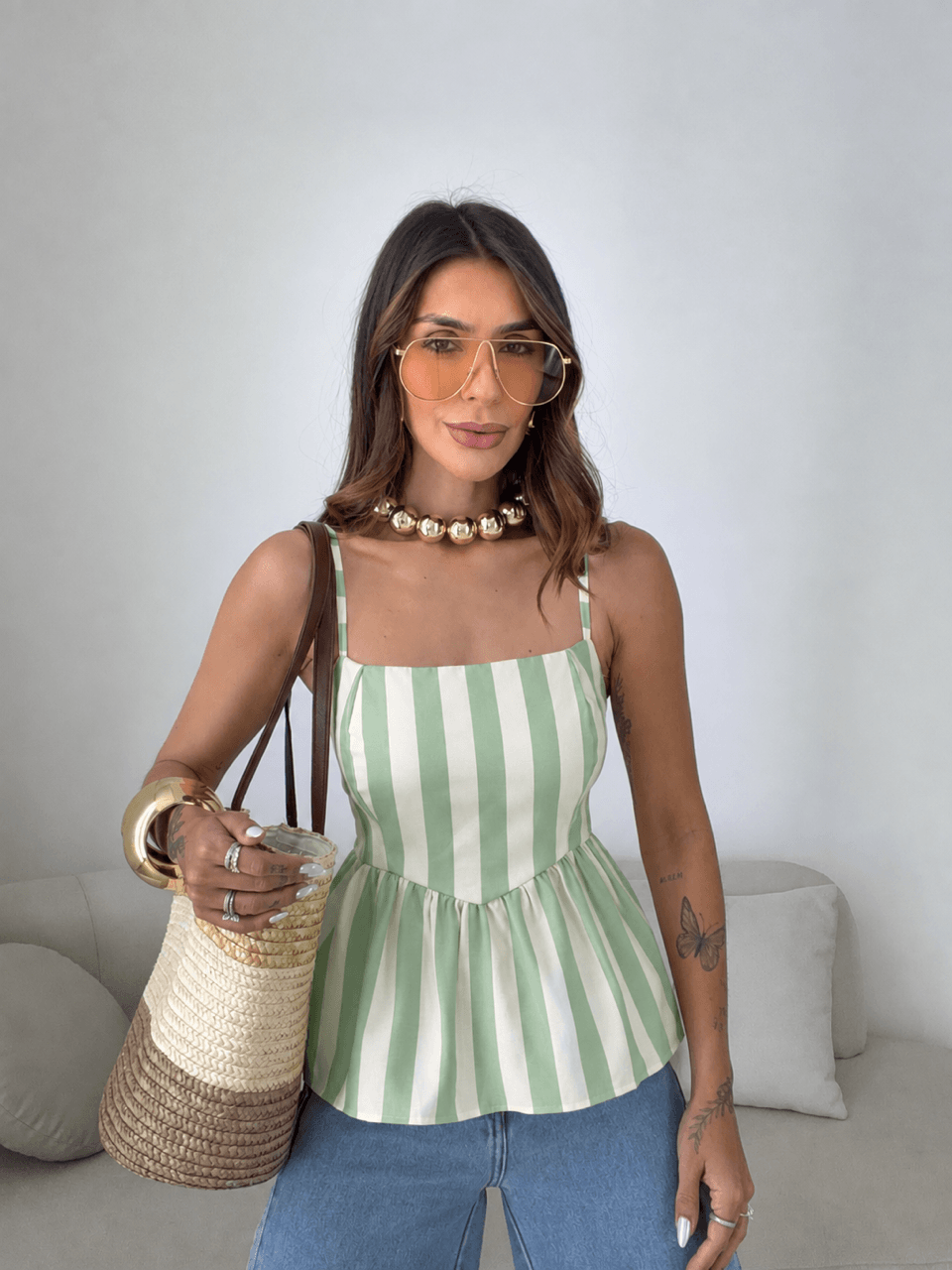 BLUSA MARRIE PEPLUM ALCINHA VERDE/OFF - 0081150482 - CAROLLA FERRARO