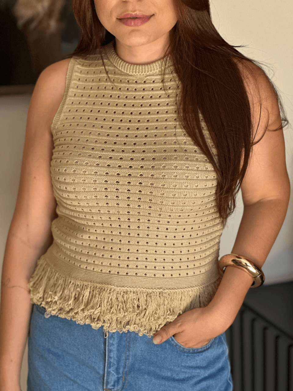 Blusa Tricot Com Franjas Bege - TS Moda Feminina