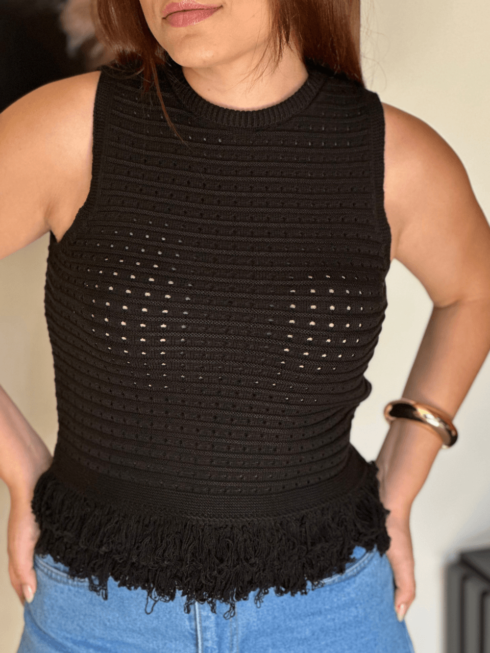 Blusa Tricot Com Franjas Preta - TS Moda Feminina