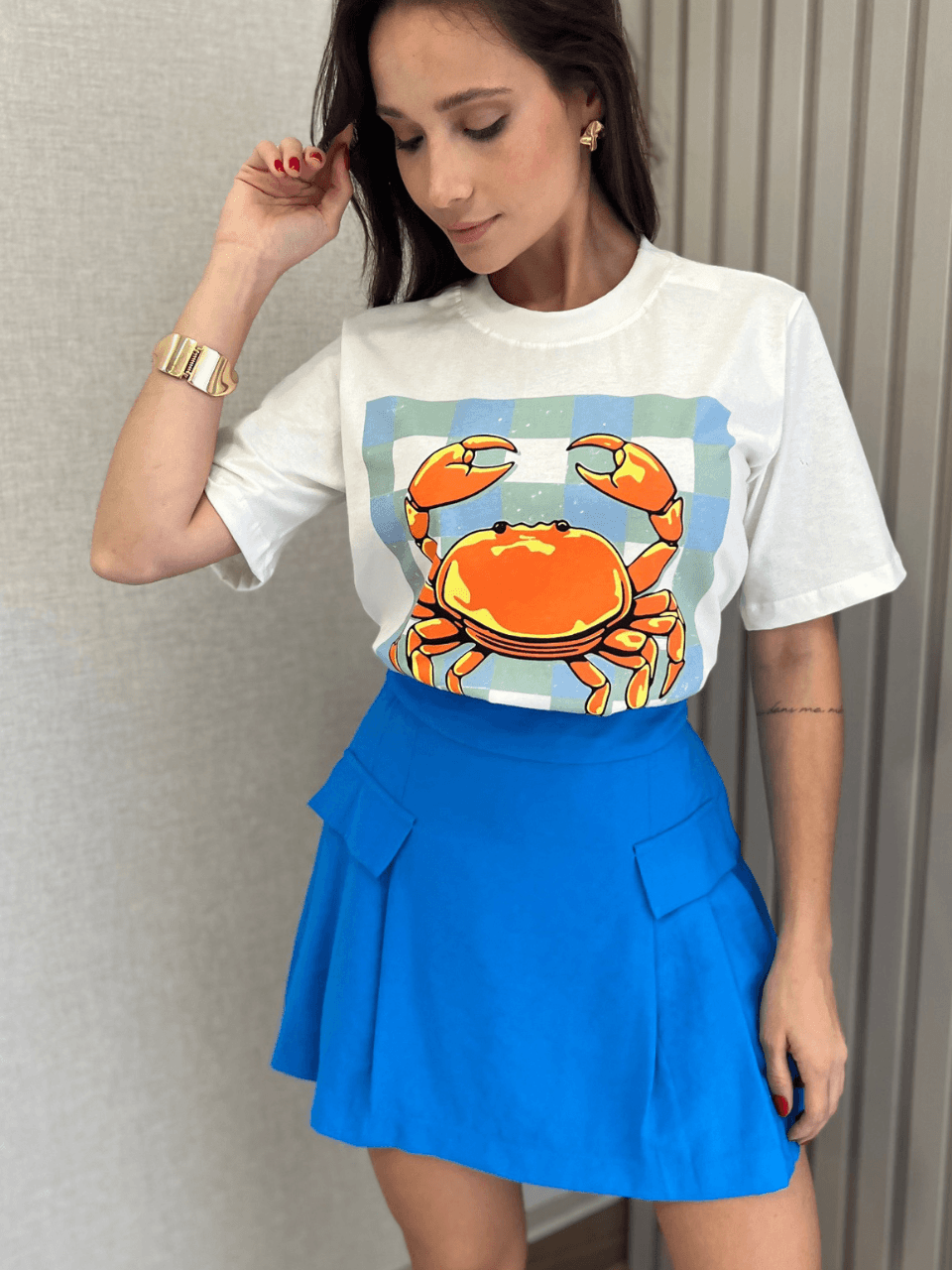Short Saia Colegial Com Bolso Falso Azul - TS Moda Feminina