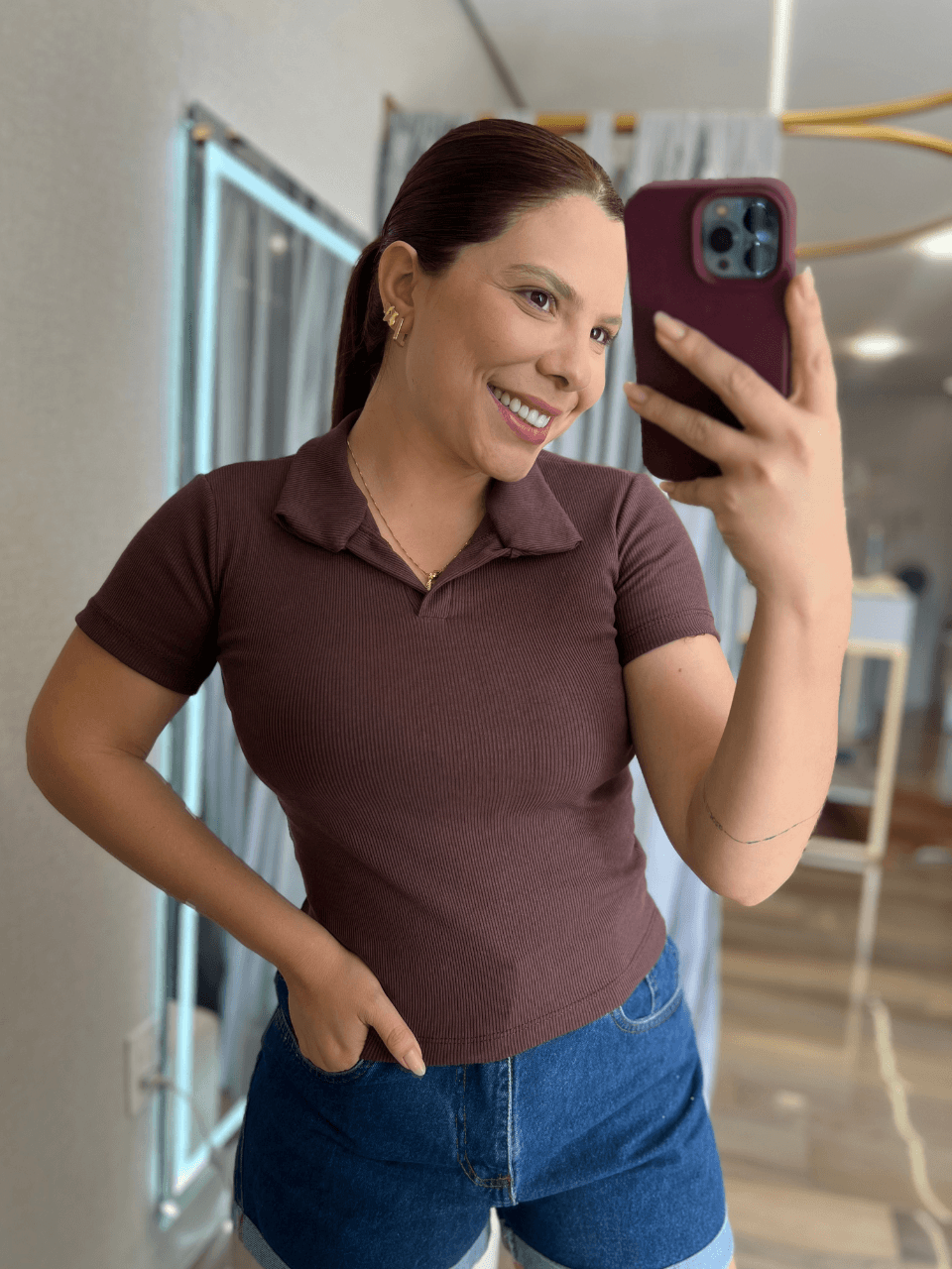 Blusa Gola Polo Canelada Café - TS Moda Feminina