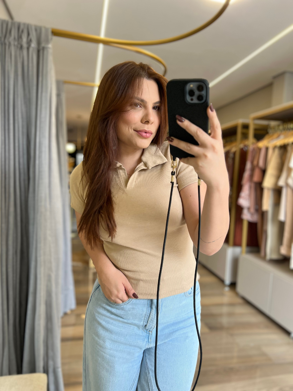 Blusa Gola Polo Canelada Bege - TS Moda Feminina