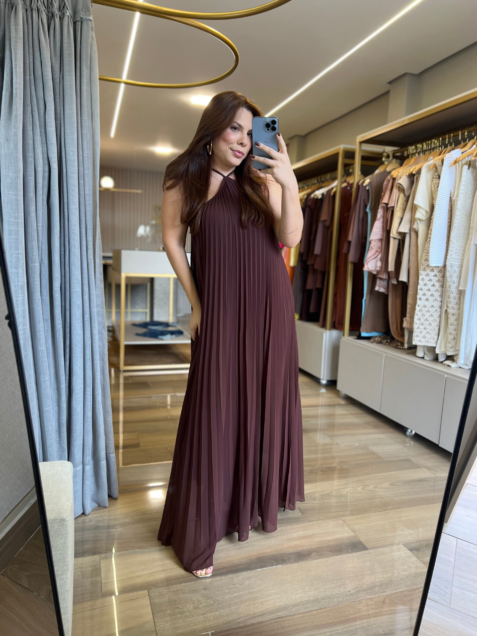 Vestido Frente Unica Plissado Marrom - TS Moda Feminina