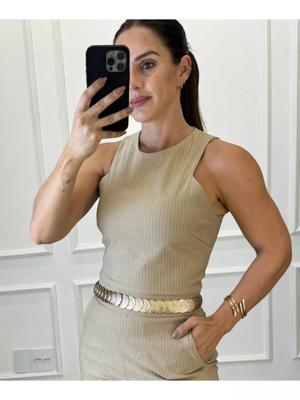 Cropped Alfaiataria Milão Risca de Giz Nude - Arpaia