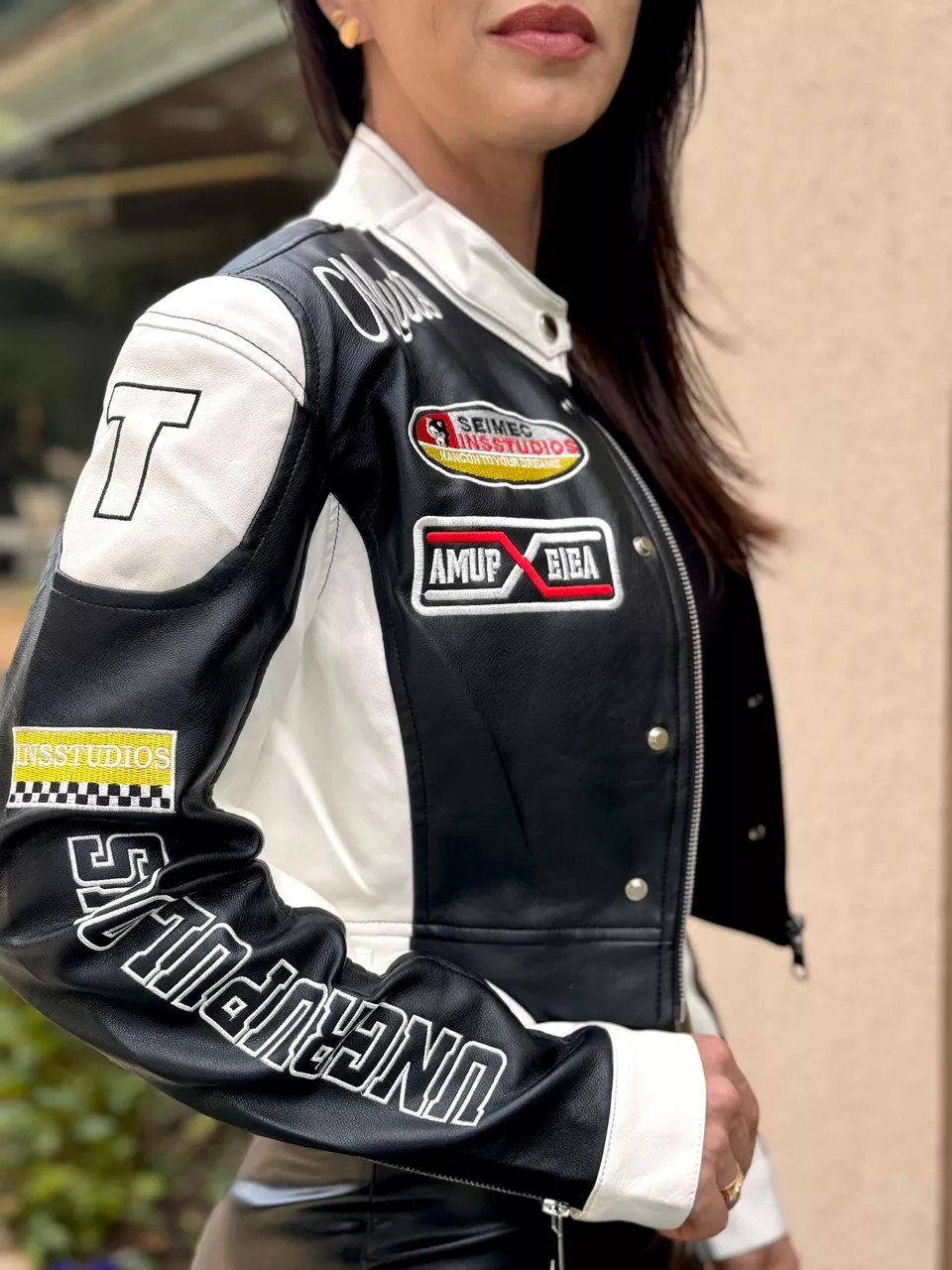Jaqueta Cropped Courino Speedy Black/White
