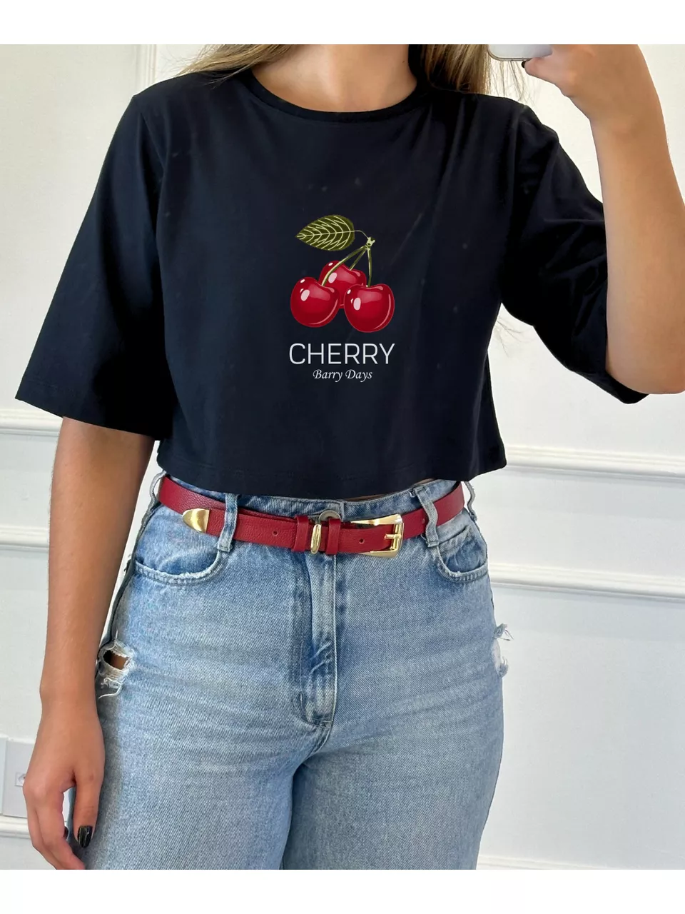 Cropped Algodão Preto Estampa Cherry - Arpaia