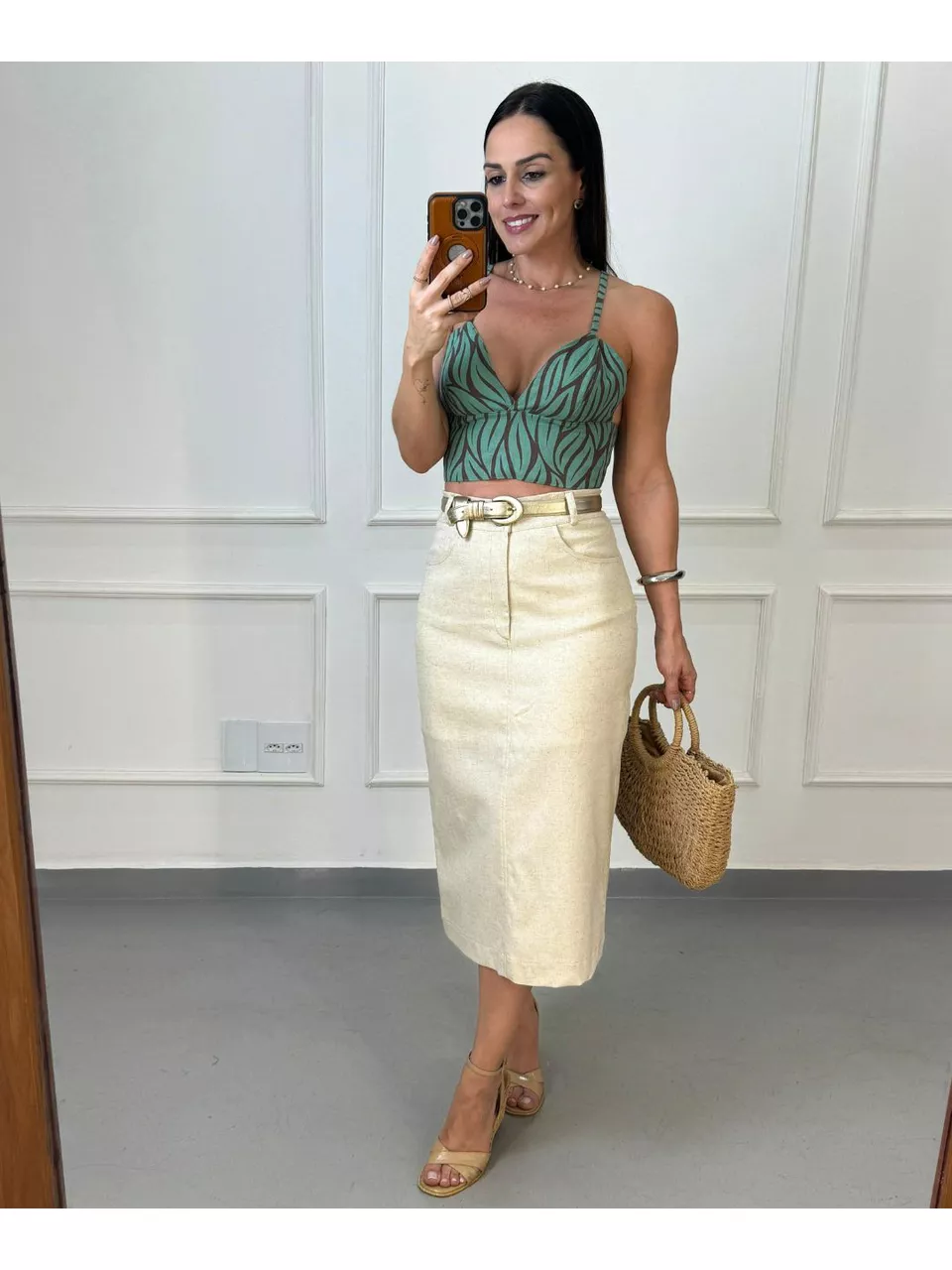 Saia Jessie Midi Em Linho Spandex Cru - Arpaia