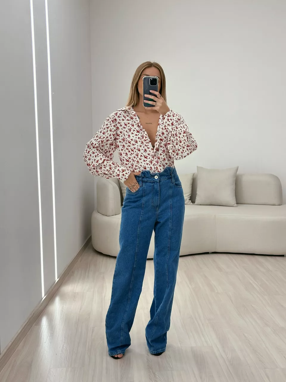 CAMISA FLORAL MANGA PLISSADA OFF/VERMELHO
