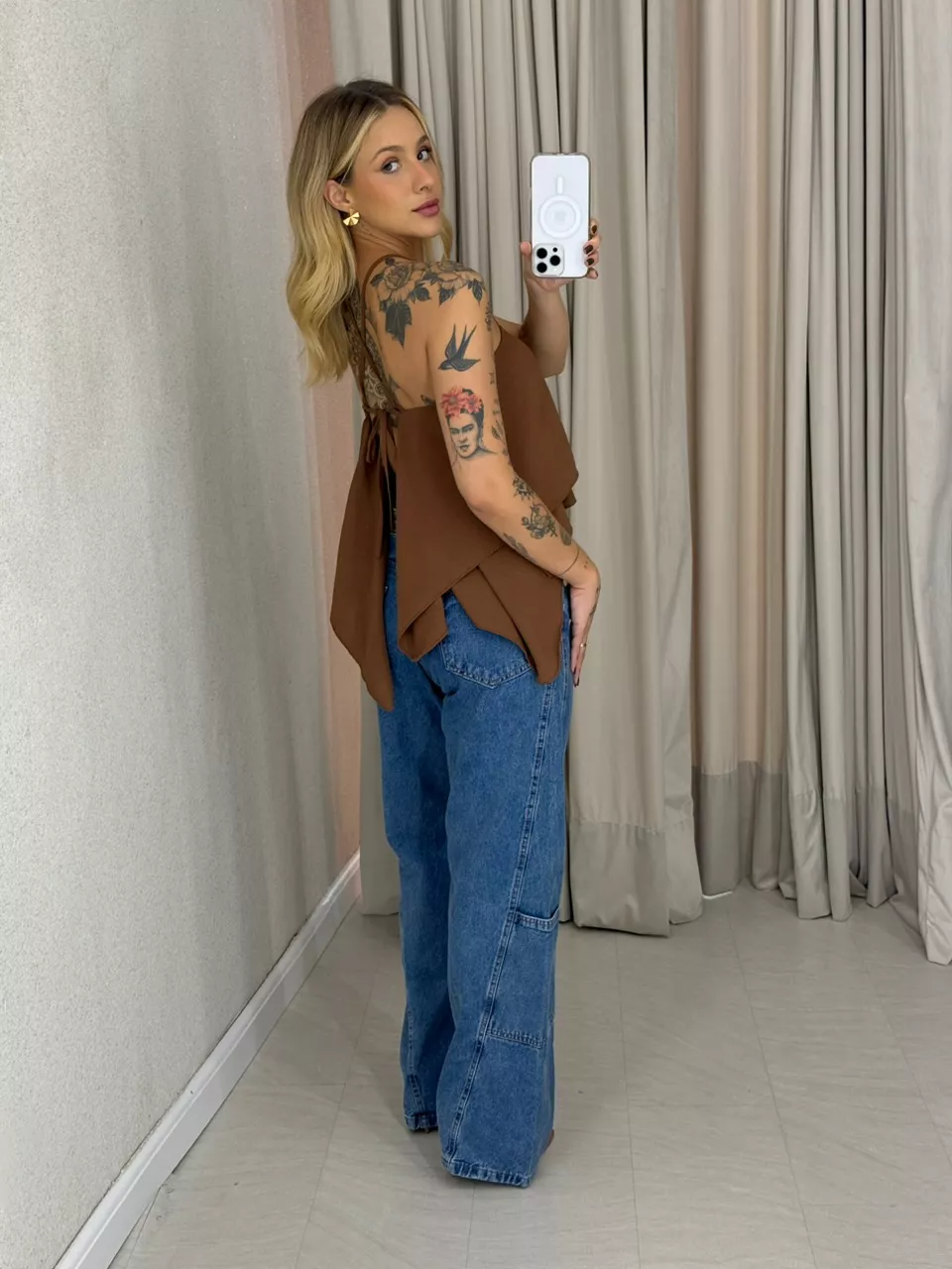 CROPPED SANDRA COSTAS ABERTAS MARROM