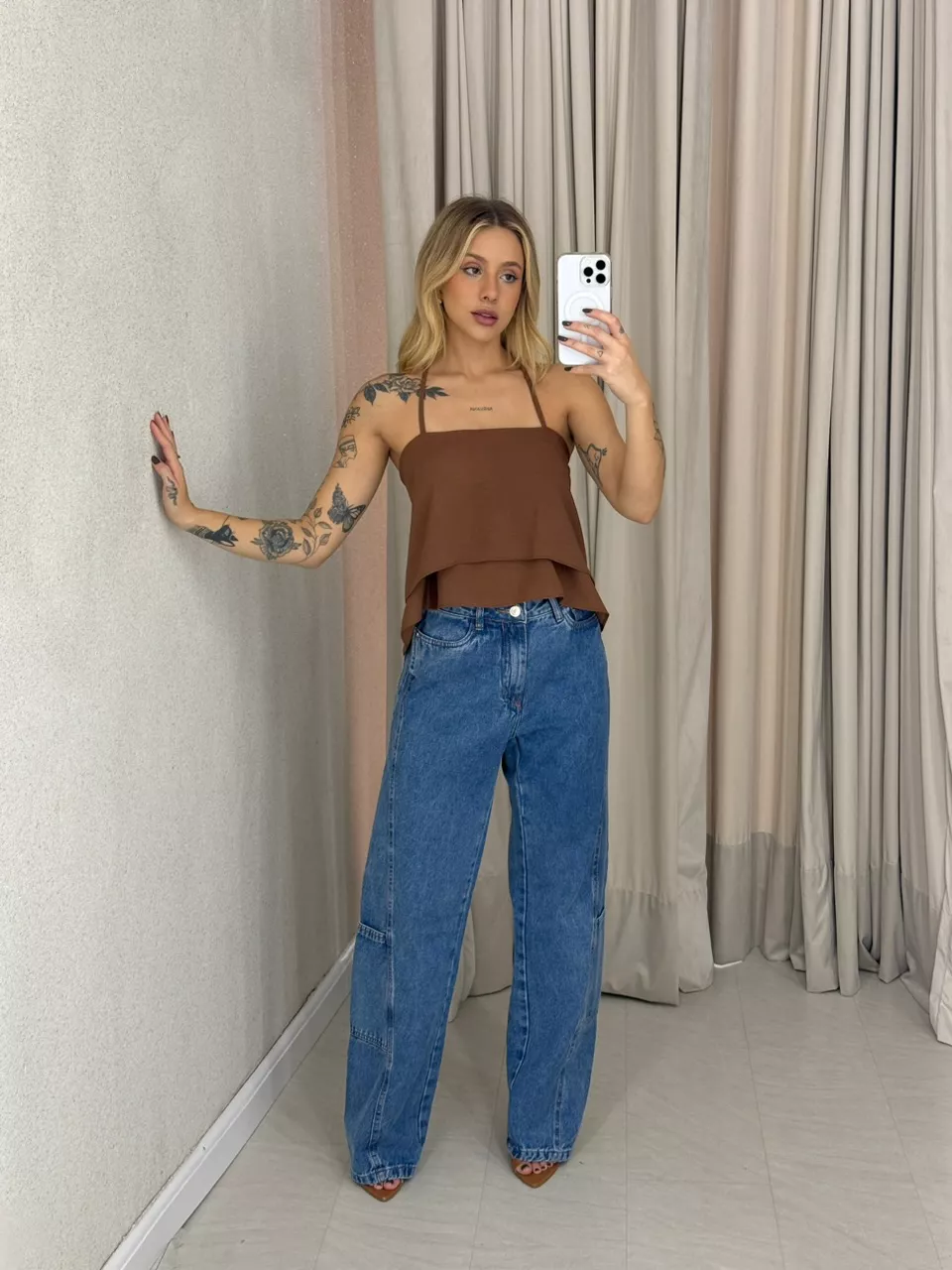 CROPPED SANDRA COSTAS ABERTAS MARROM