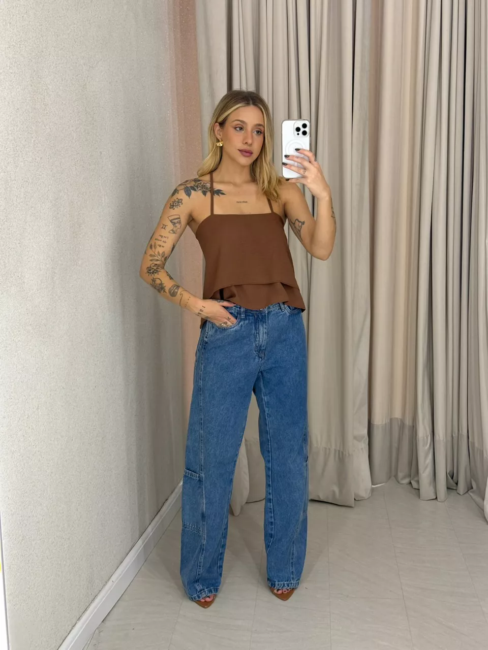 CROPPED SANDRA COSTAS ABERTAS MARROM