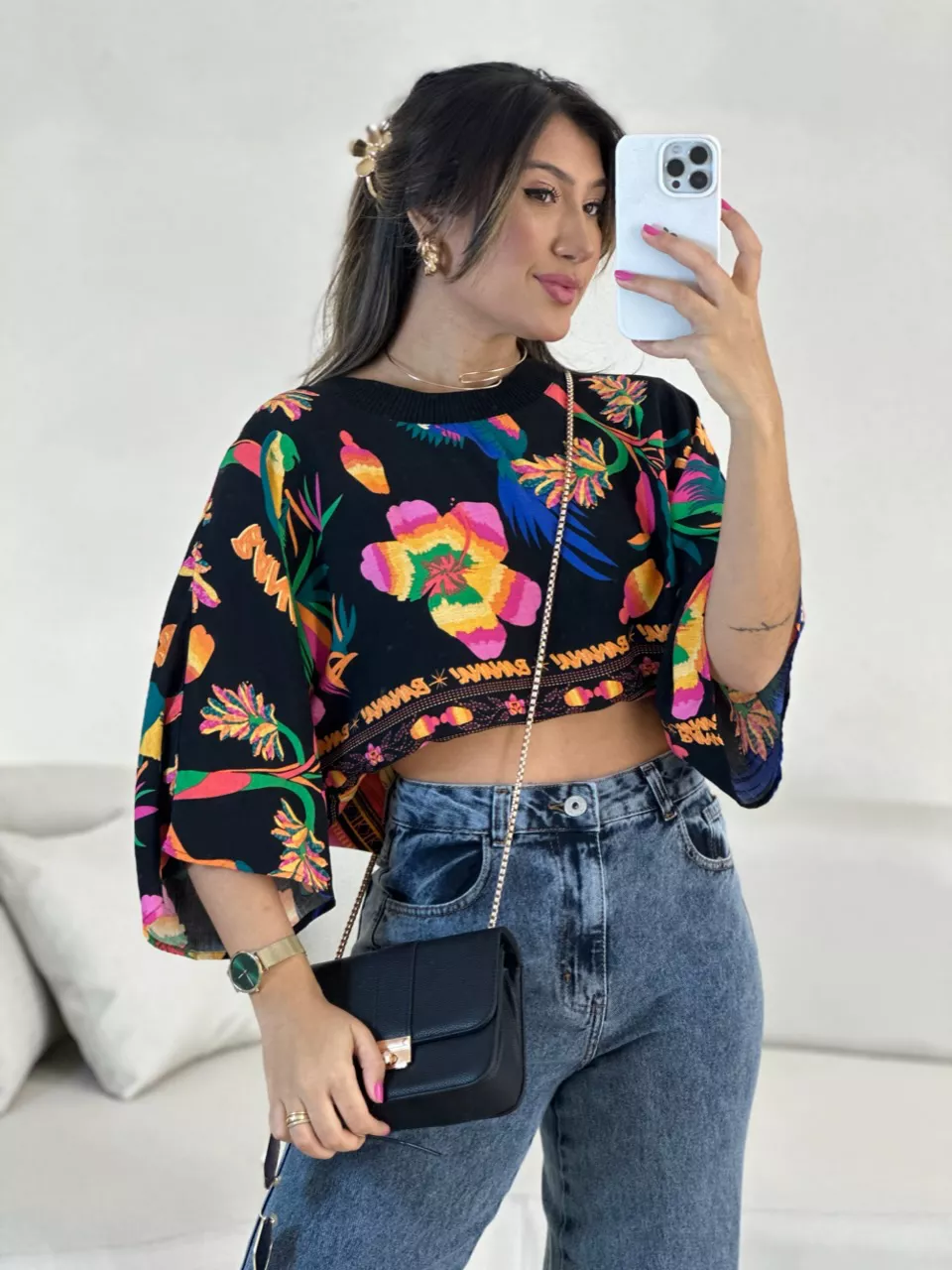CROPPED FLORA ESTAMPADO PRETO - 0054790032 - CAROLLA FERRARO