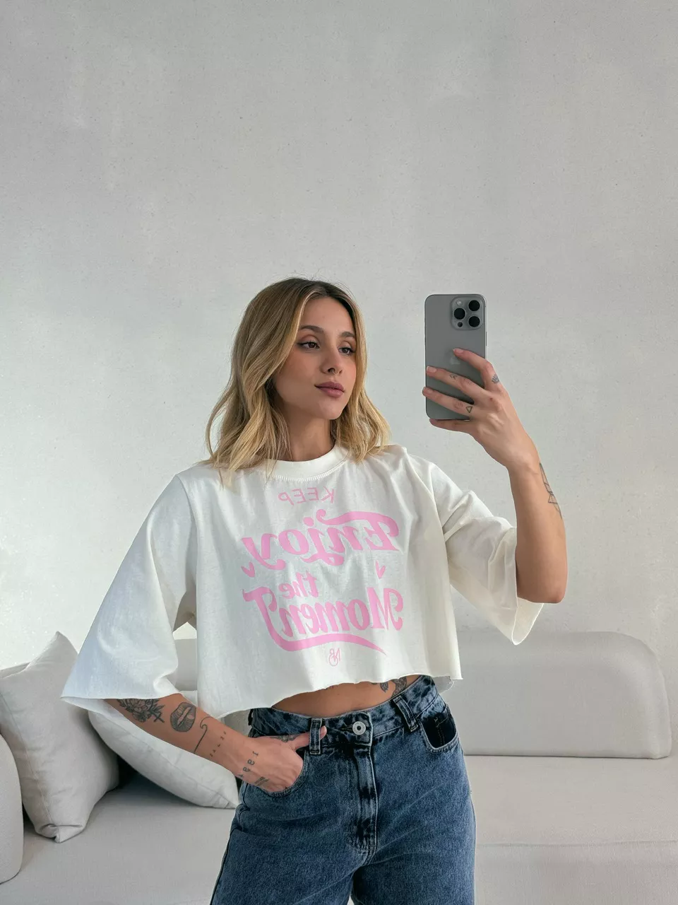T-SHIRT ENJOY THE MOMENT OFF/ROSA - 0050340369 - CAROLLA FERRARO