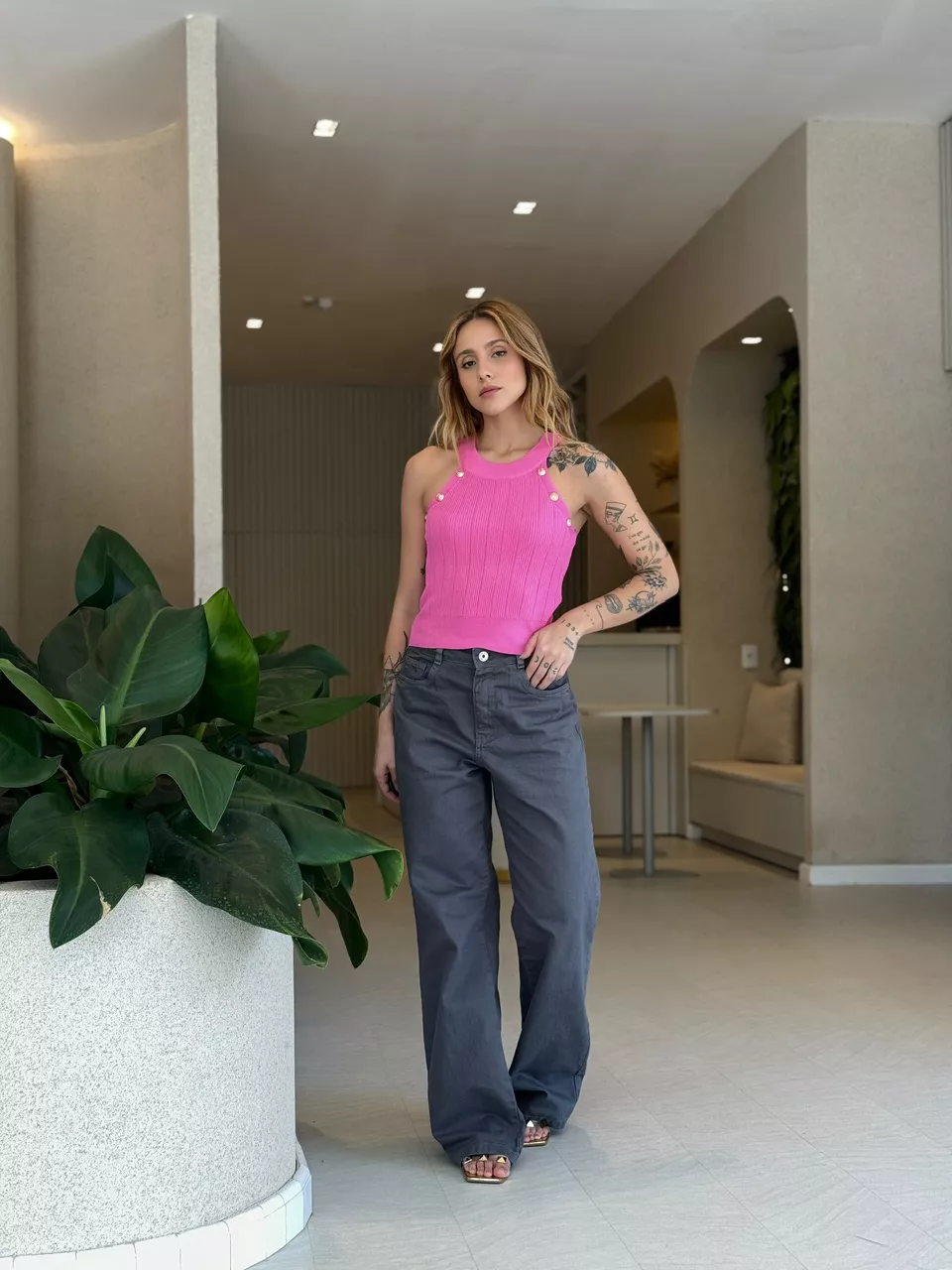 CROPPED BOTÕES DOURADOS ROSA - 0051800031 - CAROLLA FERRARO