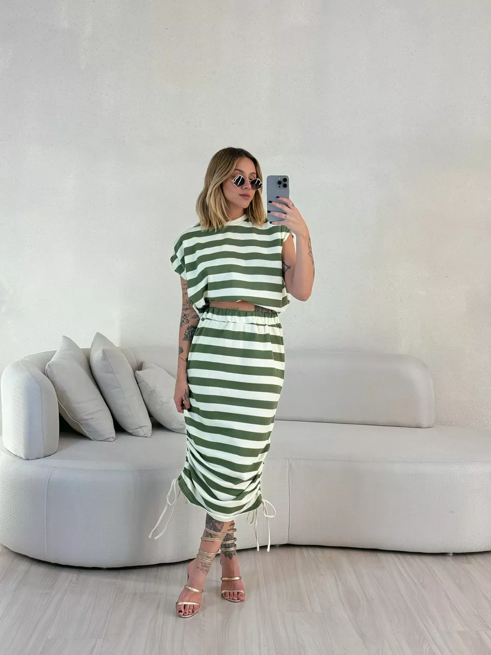 SAIA LETÍCIA MIDI LISTRAS verde - 0056000014 - CAROLLA FERRARO