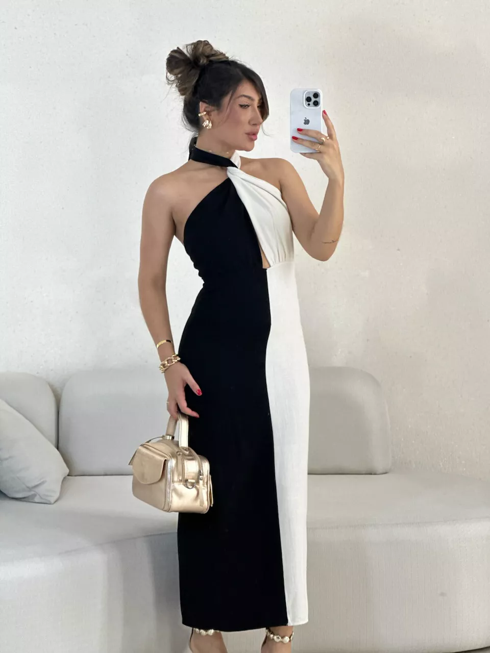 VESTIDO TAMARA BICOLOR PRETO/CRU - 0056030386 - CAROLLA FERRARO