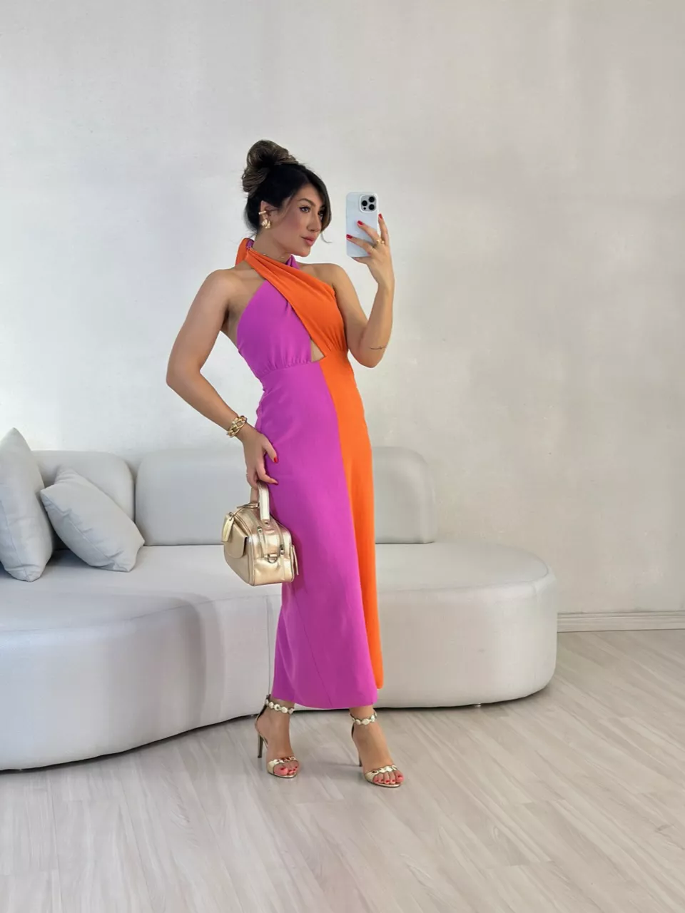 VESTIDO TAMARA BICOLOR LARANJA/FUCSIA - 0056030384 - CAROLLA FERRARO