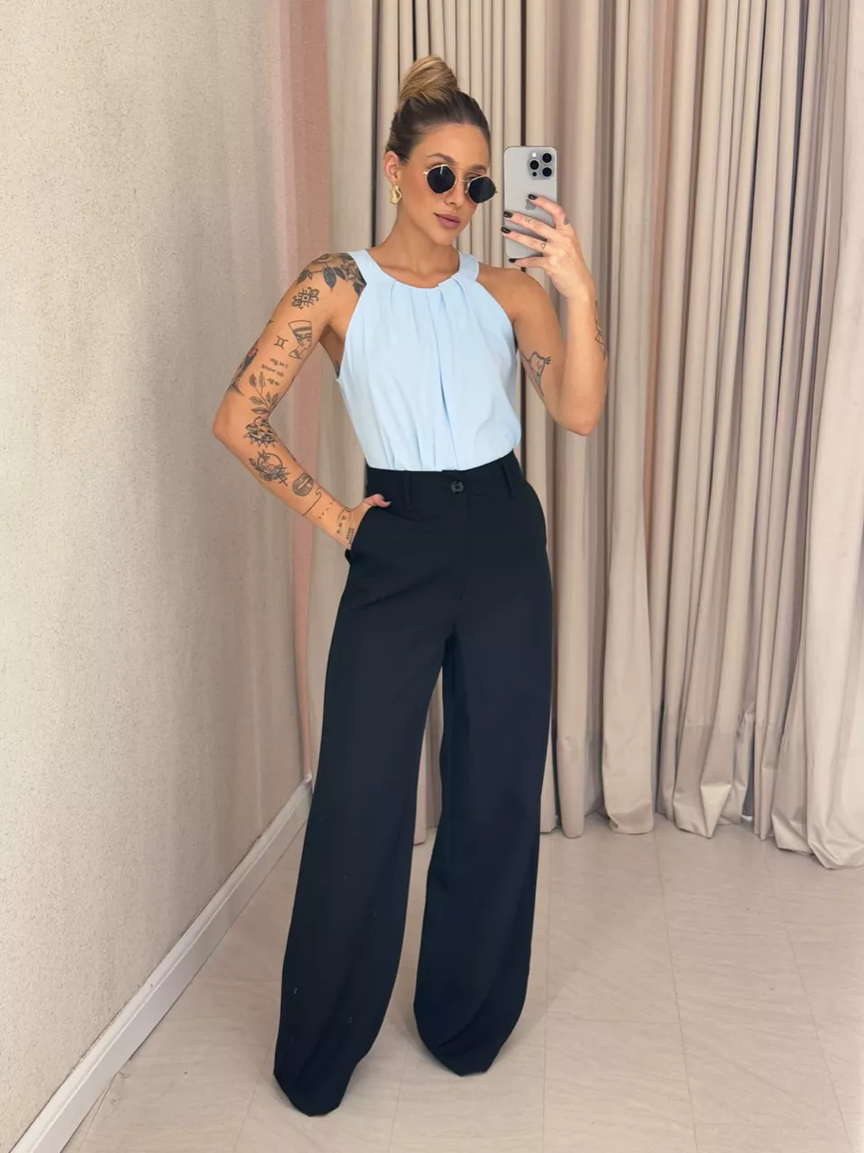 BLUSA TATIANE GOLA AZUL - 0060870109 - CAROLLA FERRARO