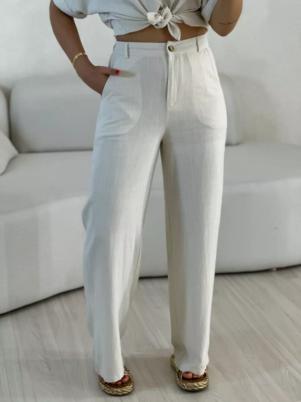 CALÇA VIVIANE LINHO CRU - 0056070132 - CAROLLA FERRARO