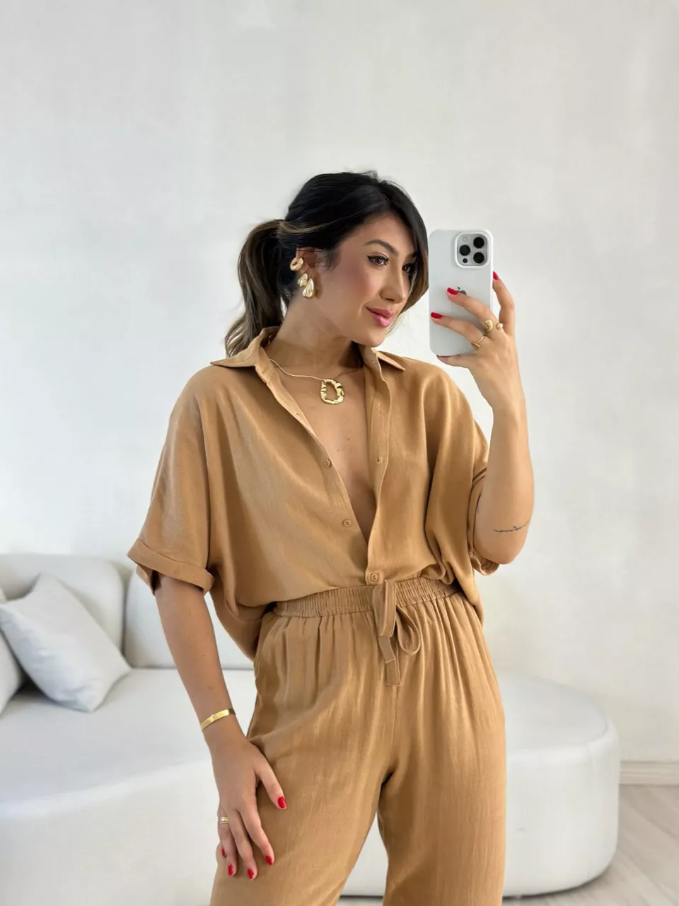 CAMISA INGRID LINHO CARAMELO - 0056090095 - CAROLLA FERRARO