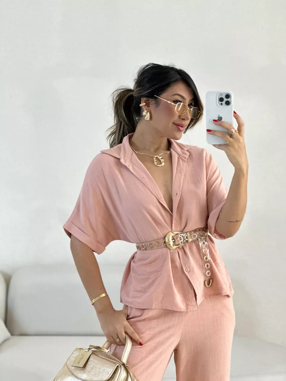 CAMISA INGRID LINHO ROSÊ - 0056090025 - CAROLLA FERRARO