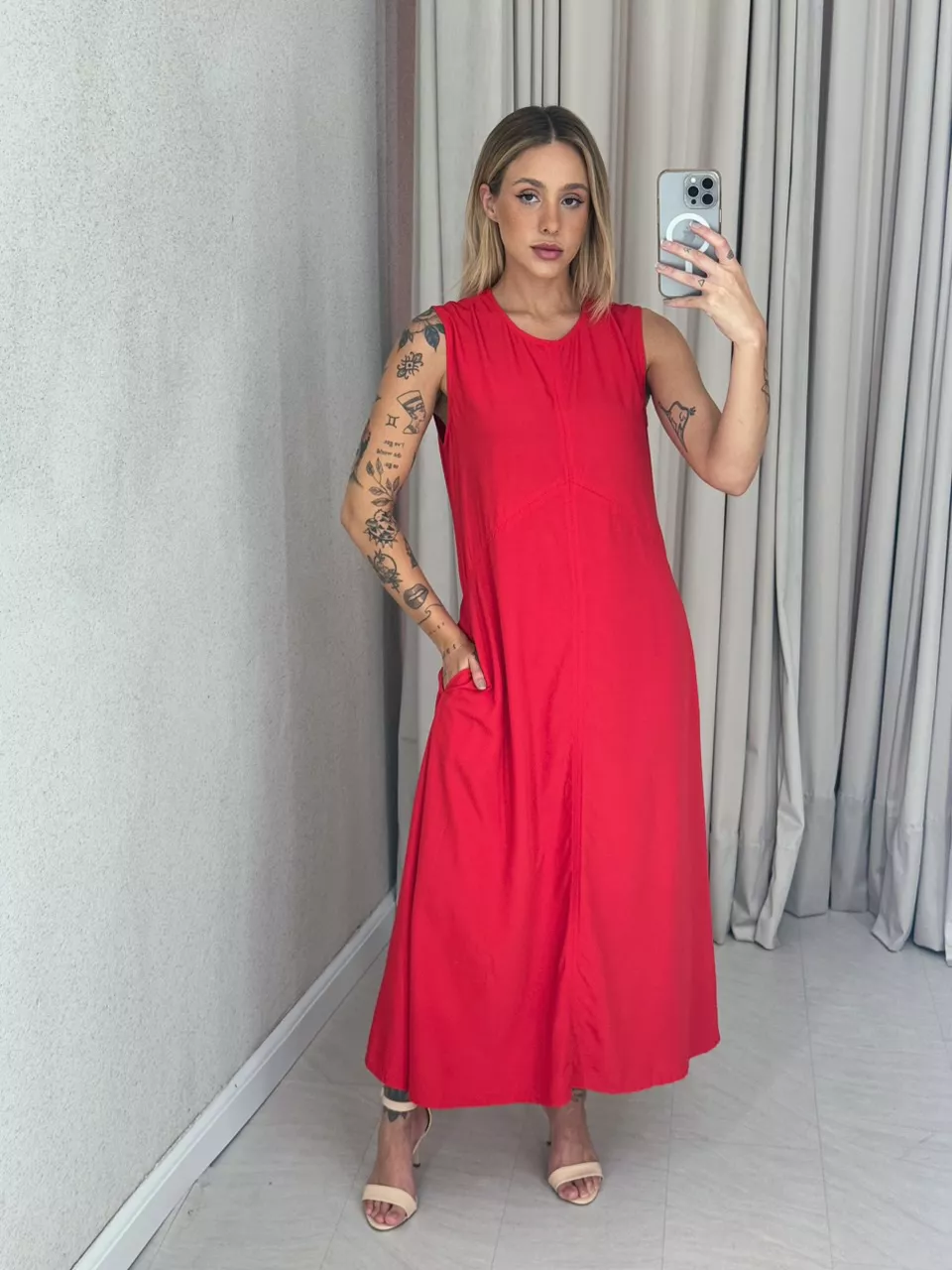 VESTIDO MARÍLIA LONGUETE VERMELHO - 0059080006 - CAROLLA FERRARO