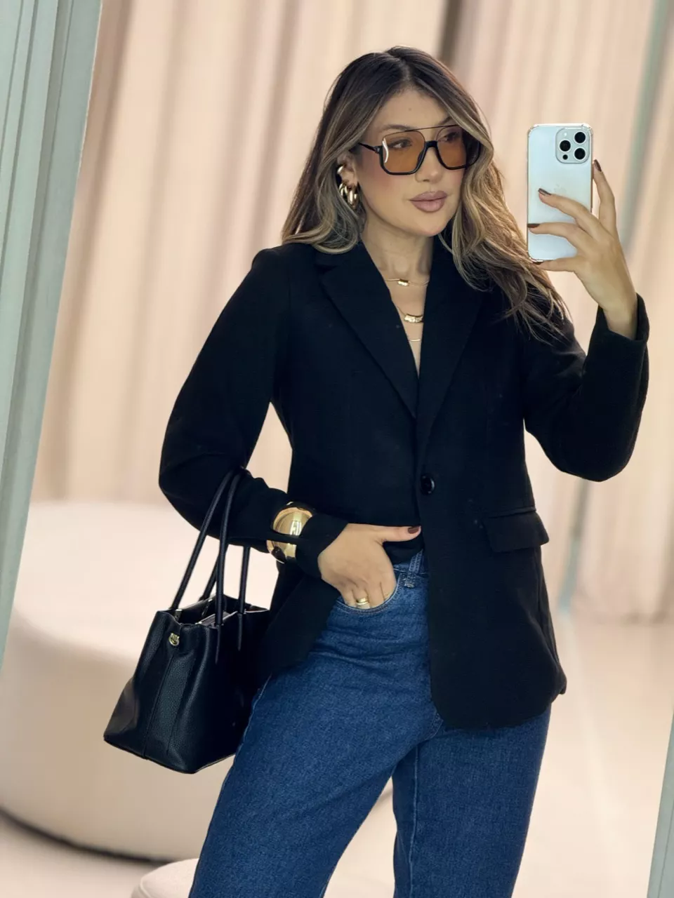 BLAZER CÁSSIA LÃ BATIDA PRETO