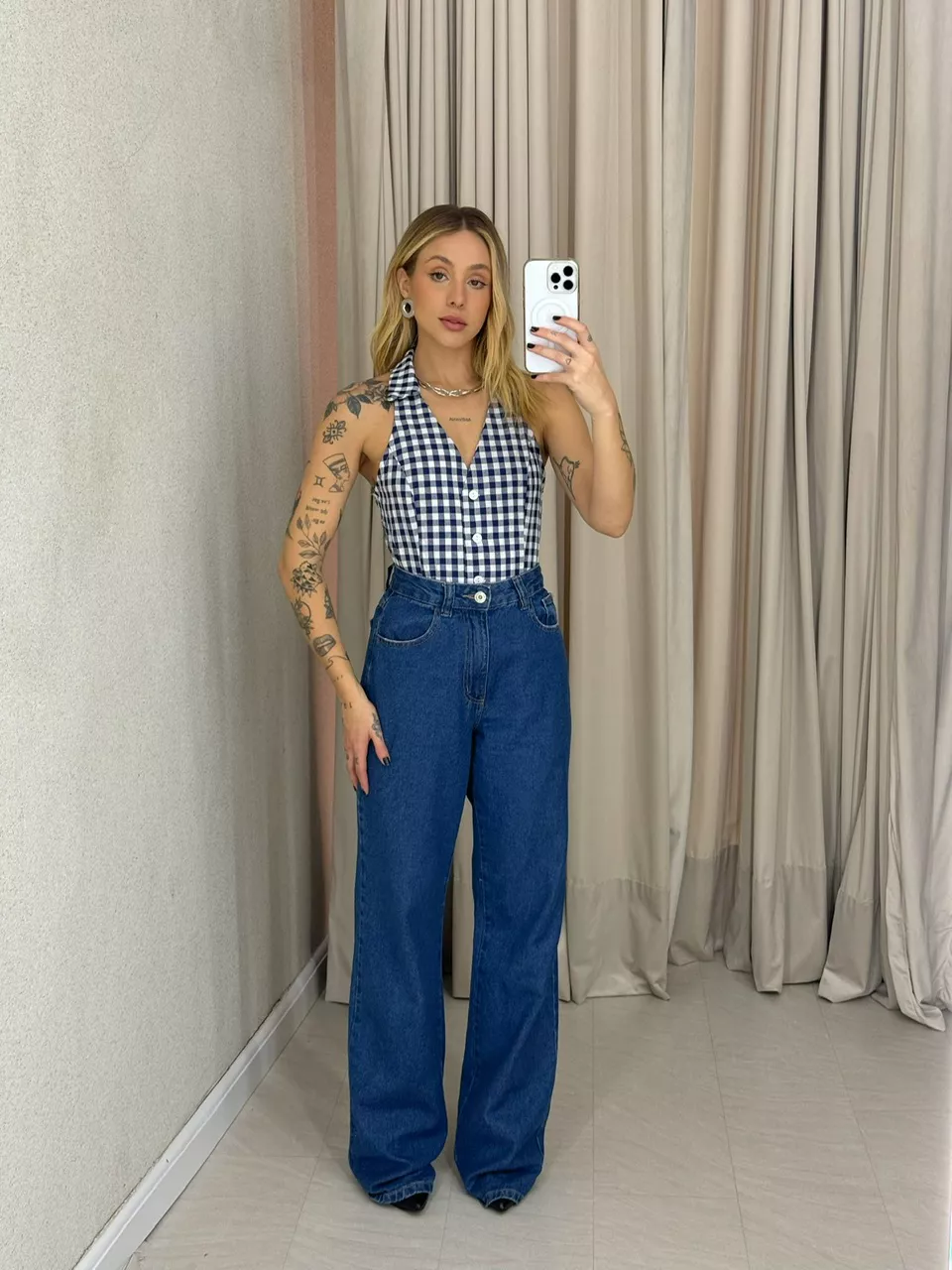 BLUSA ADELINA XADREZ MARINHO