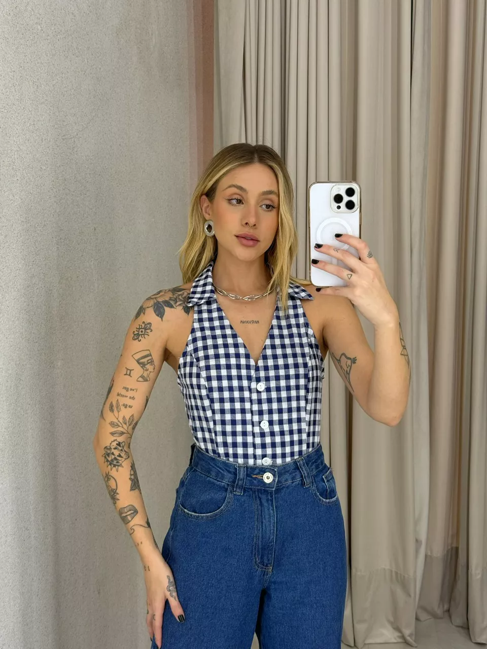BLUSA ADELINA XADREZ MARINHO
