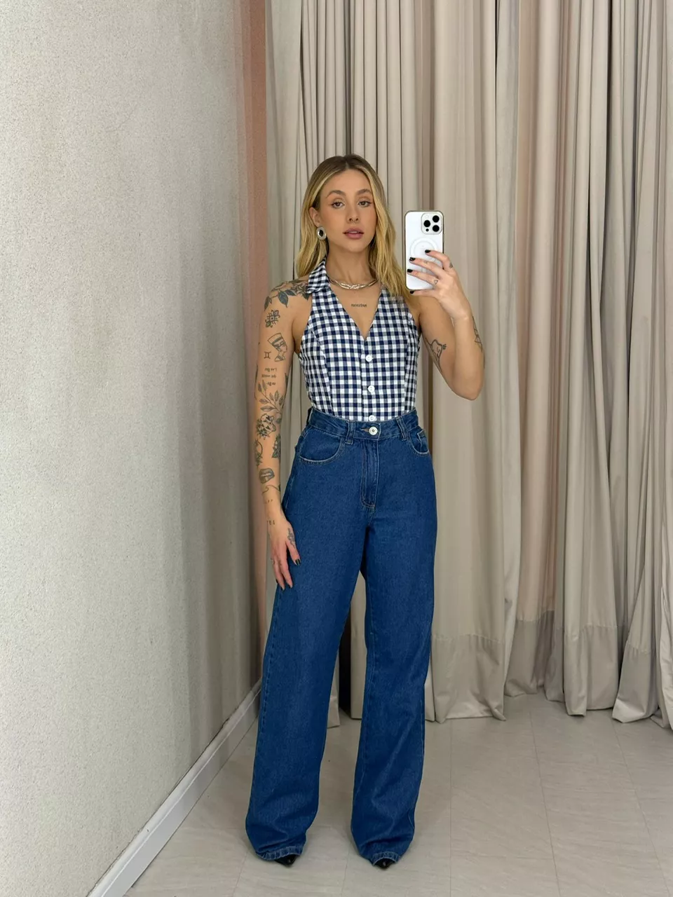 BLUSA ADELINA XADREZ MARINHO