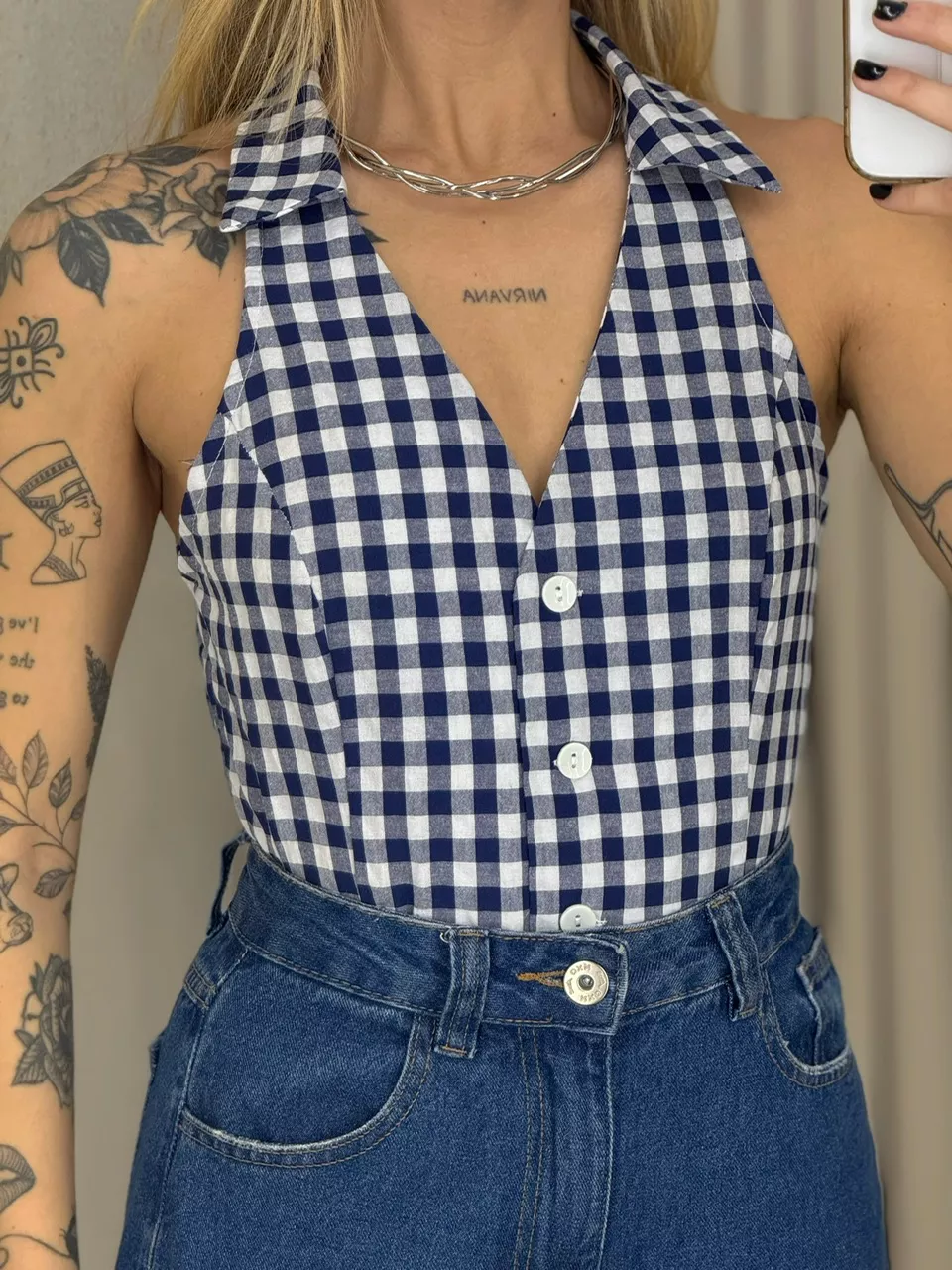 BLUSA ADELINA XADREZ MARINHO