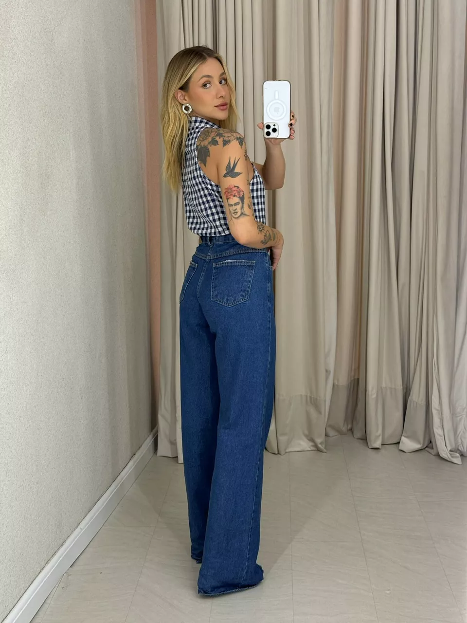 BLUSA ADELINA XADREZ MARINHO
