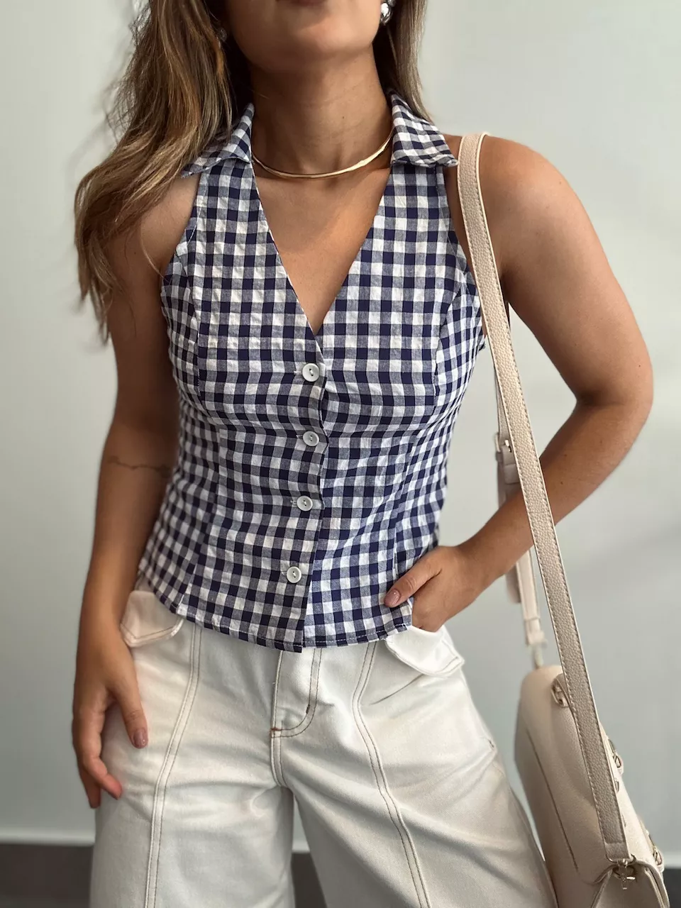BLUSA ADELINA XADREZ MARINHO