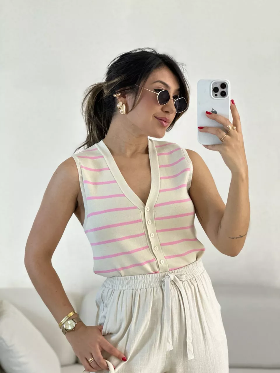 COLETE TRICOT LISTRADO Rosa - 0056100031 - CAROLLA FERRARO
