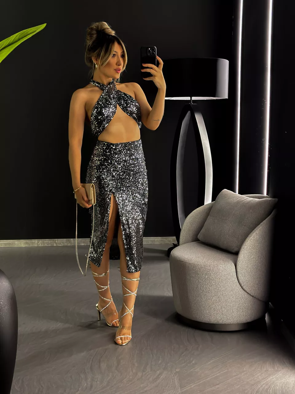 CONJUNTO TOP FAIXA PAETÊ CINZA