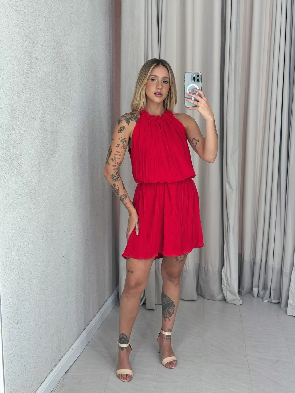 VESTIDO MARIA ELISA PLISSADO VERMELHO - 0059100006 - CAROLLA FERRARO