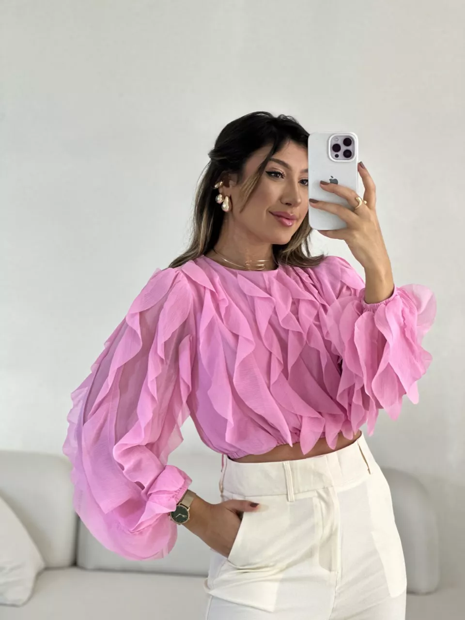 BLUSA FLÁVIA BABADO VERTICAL BABY PINK - 005505036... - CAROLLA FERRARO