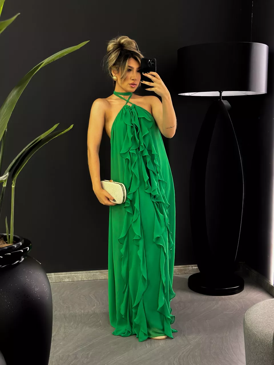 VESTIDO BABADOS CF COSTAS ABERTA VERDE - 004610001 - CAROLLA FERRARO
