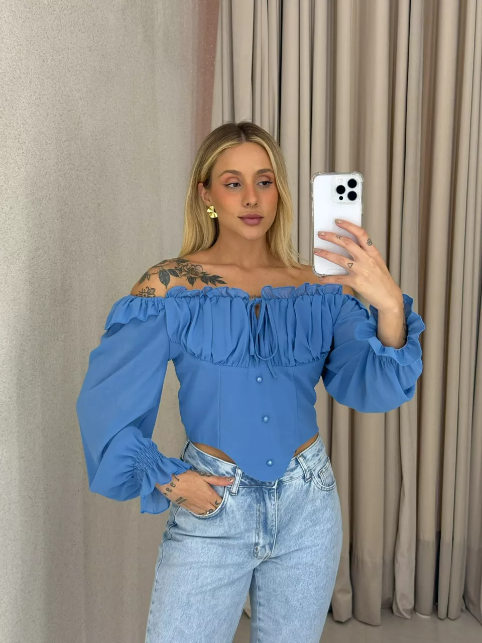 BLUSA ROMA BABADOS AZUL - 0061830109 - CAROLLA FERRARO
